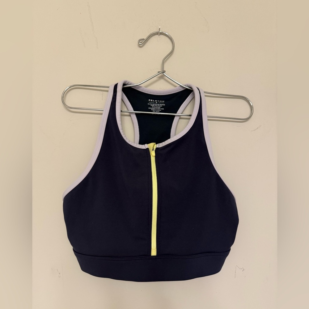 Peloton Navy Sports Bra with Yellow Zip and Lilac Trim size m